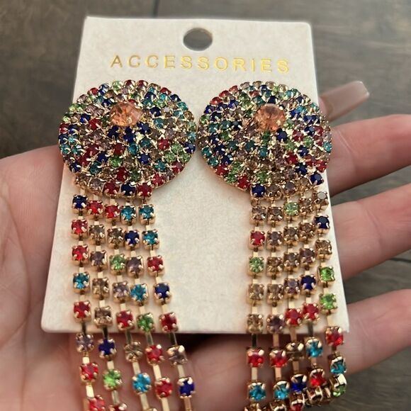 New Sphere Multi Rainbow Chandelier Dangle Arrow Fringe Sterling Silver Earrings - Picture 6 of 10